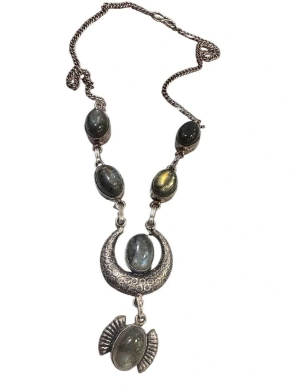 Vintage Taxco Mexico Sterling Silver Natural Labradorite Bohemian Statement Neck